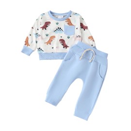 Douhoow Baby Boy 2Pcs Fall Outfits Long Sleeve Dinosaur Print Sweatshirt + Pants Set Toddler Clothes (Blue, 2-3T)