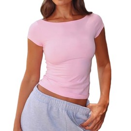 Beumissy Women's Boat Neck Short Sleeve T-Shirts Y2K Cute Going Out Tops Summer Baby Tees(Pink, Small)