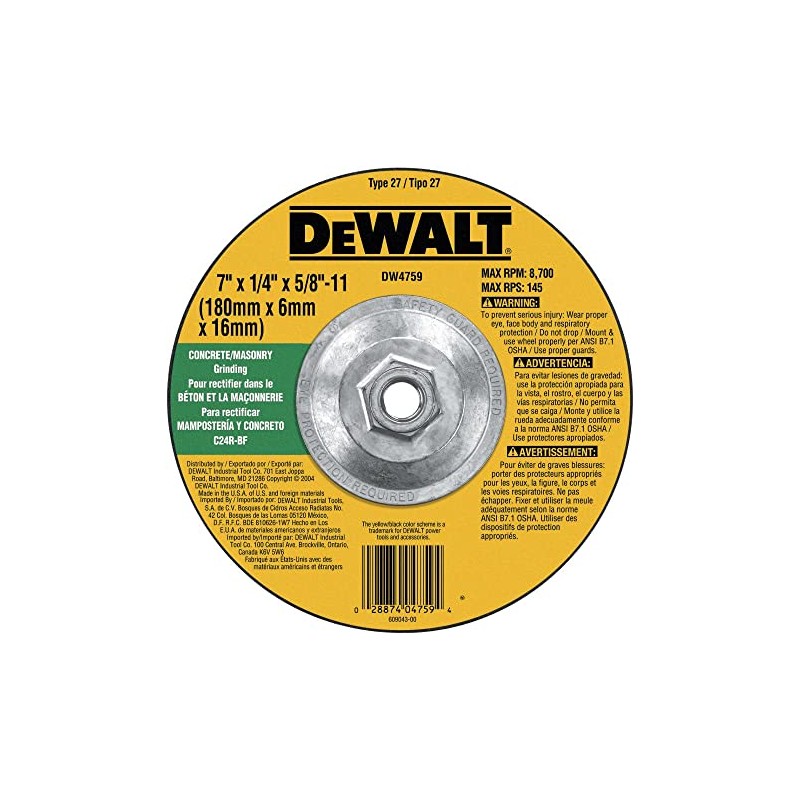 DeWalt DW4759 7" x 1/4" x 5/8"-11 Concrete/Masonry Grinding Wheel