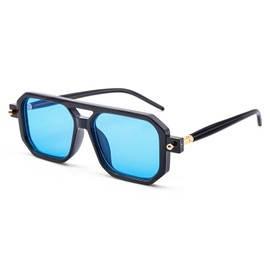 LJCZKA Retro 70s Square Sunglasses for Men and Women, Classic Aviator Glasses, Flat Square with Double Bridge, UV400 Protection, black/blue