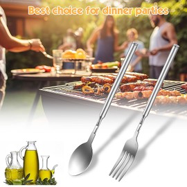 GEEHUA Extendable Fork Spoon, Telescopic Fork and Spoon Set, Stainless Steel Long Fork Retractable Dinner Spoon, Expandable Spoon for Barbecue, Fruit, Dessert, Extending to 64 cm