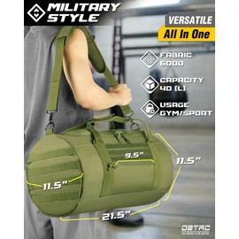 DBTAC 40L Tactical Gym Bag for Men | Military Heavy Duty Duffle Bag with Adjustable Strap for Gym Workout Fitness, Basketball Soccer Sport Training & Weekend Travel, OD Green