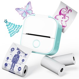 Memoqueen Mini Sticker Printer T02 Thermal Printer, Mini Pocket Printer Blutooth Portable Printer with 3 Rolls Transparent Paper for Journal, Memo, Photo, DIY Scrapbook, Travel, Children, Gifts, Green