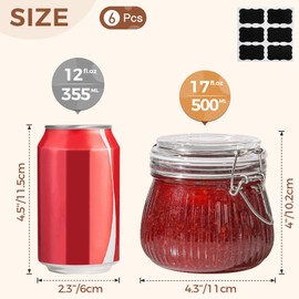 ComSaf Airtight Glass jar with lid 17oz Set of 6, Glass Storage Containers with Lids, Glass Canister, Mason Jars, Small Striped Clip Fastening Jar for Kitchen Canning, Overnight Oats, Pickle, Spice