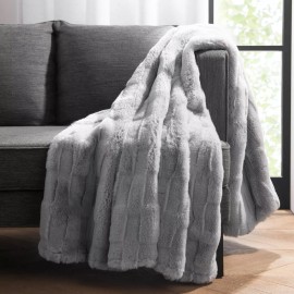 Aston & Arden Luxe Faux Fur Grey Throw Blanket,  Jacquard Texture, Oversized 50x70 in., Plush
