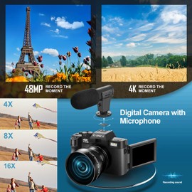 4K Digital Cameras for Photography, 48MP Vlogging Camera for YouTube with Microphone & Tripod Grip, Video Camera with Wide-Angle&Macro Lens, Content Creator Kit & Travel Camera（Black）