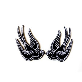 TH Set of 2 Tiny. Mini Black Little Bird Tattoo Swallow Dove Sparrow Cute Cartoon1 Logo Patches Sew Iron on Embroidered Applique Badge Sign Patch Clothing Costume