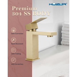 KUZOR Brushed Gold Bathroom Faucets Stainless Steel, Single Hole Sink Faucet for Bathroom/Vanity/Rv with Metal Pop Up Drain - 4.3 Inch Spout High - Easy to Install