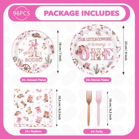 96Pcs My 1st Rodeo Decorations Girl Pink Western Cowgirl 1st Birthday Plates and Napkins Tableware Sets Rodeo Birthday Party Favors for Girls Cowgirl Theme One Year Old Party Supplies Serves 24