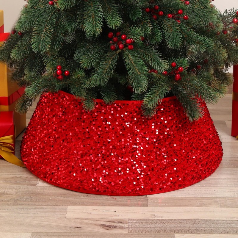 Sequin Christmas Tree Skirt, Red Christmas Tree Border Base 60cm
