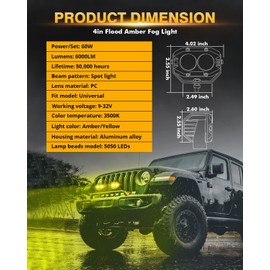 Auxbeam 4In 60W Amber Fog Lights, Amber Led Pods Super Bright Spot Beam Offroad Lights with Plug and Play Wiring Harness Kit for Truck SUV ATV UTV Jeep Wrangler Motorcycle