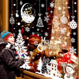 TOMEEK 202pcs Christmas Window Stickers Large Xmas Tree Xmas Window Stickers Moon Snowflake Window Clings Double Side PVC Christmas Stickers Reusable for Christmas Decorations Decals (White)