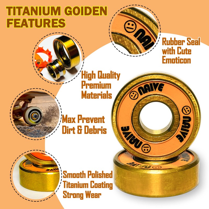 Naivskb Skateboard Bearings 8 Pack - Premium Titanium Coated ABEC9