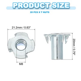 PATIKIL M8 T-Nuts, 20 Pcs Zinc Plated Steel 4-Pronged Tee Blind Nut 20 mm Length Four-jaw t Nuts Threaded Inserts Hardware for Wood Furniture Cabinetry Rock Climbing Holds