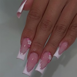 SEMATA White French Tip Press on Nails Square Medium Long Acrylic Fake Nails Press Ons with Glue Flower Glitter Pink Cute Stick on Nail Bling Artificial Glue on False Nail with Designs for Women