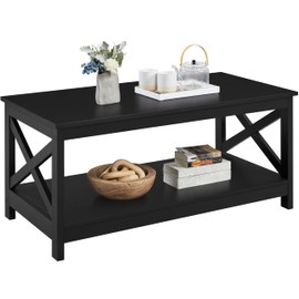 Yaheetech Wood 2-Tier Black Coffee Table with Storage Shelf for Living Room, X Design Accent Cocktail Table, Easy Assembly Home Furniture, 39.5 x 20 x 18 Inches