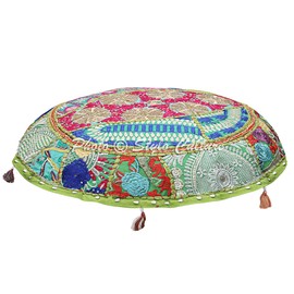 Stylo Culture Ethnic Round Floor Cushion Cover Boho 55 x 55 cm Decorative Chair Cushion Vintage Parrot Green Bohemian Patchwork Seat Lounge Cotton Embroidered Floor Cushion Seat Cushion Seat Cushion