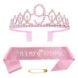 9th Birthday Sash and Tiara Crown Pink Crystal Birthday Crown Set Pink Birthday Crown Sash Decoration Birthday Crown for Girls Women Birthday Party Accessories Birthday Decoration 9