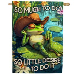America Forever So Much To Do Frog House Flag, 28 x 40 inch Double Sided, Funny Frog Cowboy Hat Sunglasses Lily Pad, Humor Motivational Quote Outdoor Decor Flag