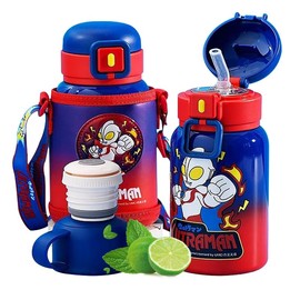 Ultraman Children's Stainless Steel Water Bottle, Thermal, Cold Insulation, Direct Drink, Includes Cup, 2-Way, 18.5 fl oz (520 ml) (Red)