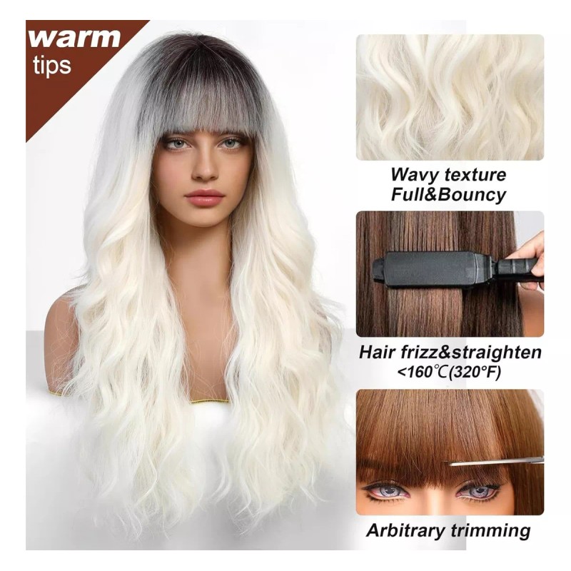 generic Peluca Larga Rojizo Marrón Rizada Ondulada Con Flequillo