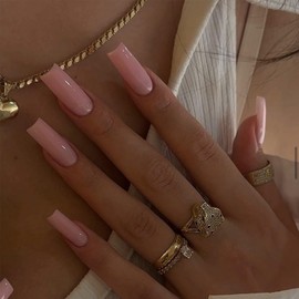 24Pcs Square False Nails - French Pink Tip Medium - Press on Nails Solid Colour Fake Fingernails - Removable Glue on Nails Acrylic Full Cover Stick on Nail for Women Girls