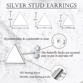 Glintara Silver Triangle Studs Earrings, 3 Pairs 925 Sterling Silver Stud Earrings for Women, Tiny Simple Triangle Stud Earrings Set, Hypoallergenic Flat Studs Sleeper Earrings for Multiple Piercings