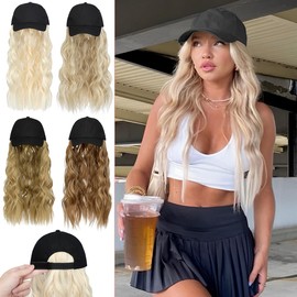 Qlenkay Baseball Hat Wig 24in Long Curly Wavy Extensions Synthetic Hairpiece Adjustable Cap Attached 2B Wave Hair for Women Bleach Blonde