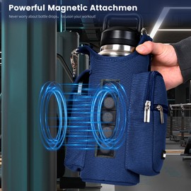 icolor Magnetic Gym Bag Water Bottle Carrier Holder with Phone Pockets & Strap,Nylon Gym Magnetic Bag 5 Built-in Magnets Gym Accessories Organizer Bottle Pouch Sleeve for Men Women (Navy Blue)