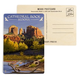 Sedona, Arizona, Cathedral Rock (Blue Water Version) (4x6 Birch Wood Postcards, 2-Pack Stationary, Rustic Home Wall Decor)
