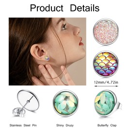 24Pairs Faux Druzy Stud Earrings Set for Women Stainless Steel Glitter Earrings Pack Multicolor Mermaid Scale Stud Earrings Hypoallergenic Round Square Druzy Pierced Jewelry