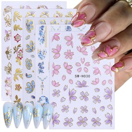 5 Sheets Flower Nail Decals for Nail Art Hot Stamping Floral Nail Stickers 3D Self-Adhesive Nail Design Stickers Women Spring DIY Colorful Floral Nail Art Supplies Nails Decoration
