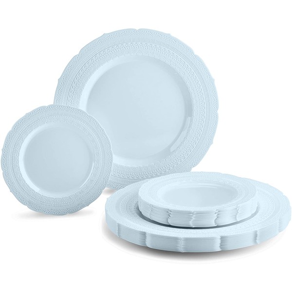 " OCCASIONS " 50 Plates Pack (25 Guests)-Extra Heavyweight Vintage Wedding Disposable/Reusable Plastic Plates -25x11'' Dinner + 25x8.25'' Salad/dessert (Chateau Collection Blue)