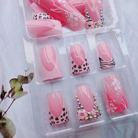 Duck Shaped Press on Nails Medium Fake Nails Duckbill Leopard French Nails Shiny Press ons Flower Rhinestone Designs Cute Stick on Nails French Tip False Nails Acrylic for Women DIY Manicure 24pcs