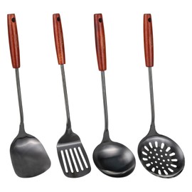 FJNATINH Wok spatula and ladle,Skimmer Ladle Tool Set, 15inches Spatula for Wok, 304 Stainless Steel Wok Spatula,Black (Black-4 Pieces Set)