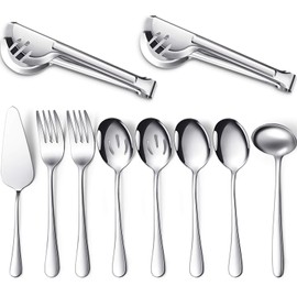 Patelai Serving Utensils Set Include Large Spoons Slotted Spoons Forks Tongs Soup Ladle and Pie Server Buffet Catering for Dishwasher Safe(Silver,10 Pieces)