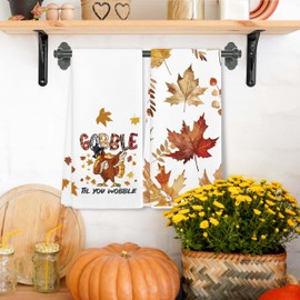 EJGFS Thanksgiving Kitchen Towels Set of 2–“Gobble Til You Wobble” Turkey & Autumn Leaf Decorative Hand Towels for Fall Bathroom-16 x24 Dish Towels for Farmhouse Kitchen or Seasonal Home Décor.(082)