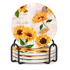 ATEDEANEI Vintage Sunflower Drink Coasters with Holder, Ceramic Absorbent Coaster Sets of 4,Non-Slip Cork Base,Housewarming Gifts