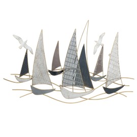 WHW Whole House Worlds Rustic Regatta Sail Boats, Abstract Modern Art, Gold, Blue, Grey and White, Distressed Metal, Wall Sculpture, 42.5 W x 26 .75 H Inches (108.0 W x 68.0 H cm) Cap