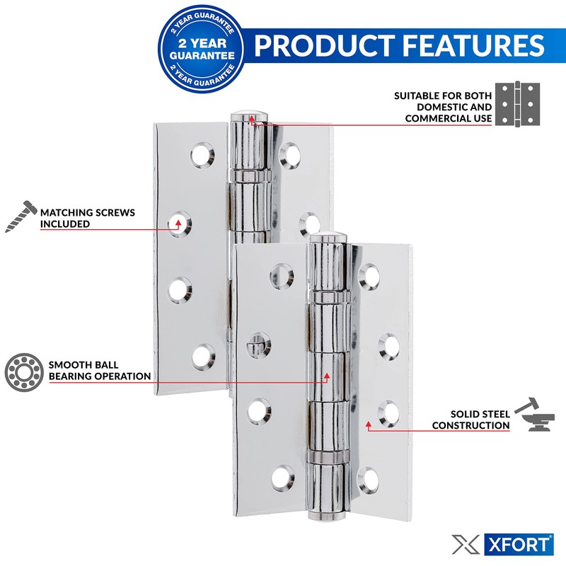 XFORT 4 inch (100mm) Polished Chrome Ball Bearing Hinges, Steel
