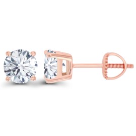 Solid 14K Rose Gold 6mm Round Created White Sapphire April Birthstone Screwback Stud Earrings