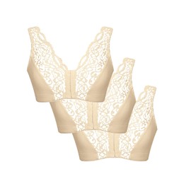 Eden House Ladies | Pack of 3 Bra Cotton Lace Front Fastening Magic Bra | Cream