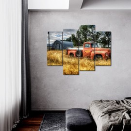 Old Truck Car Wall Art in Red and Trees and Dry Grasses in Field Wall Decor Painting Pictures Print On Canvas The Picture for Home Modern Decoration