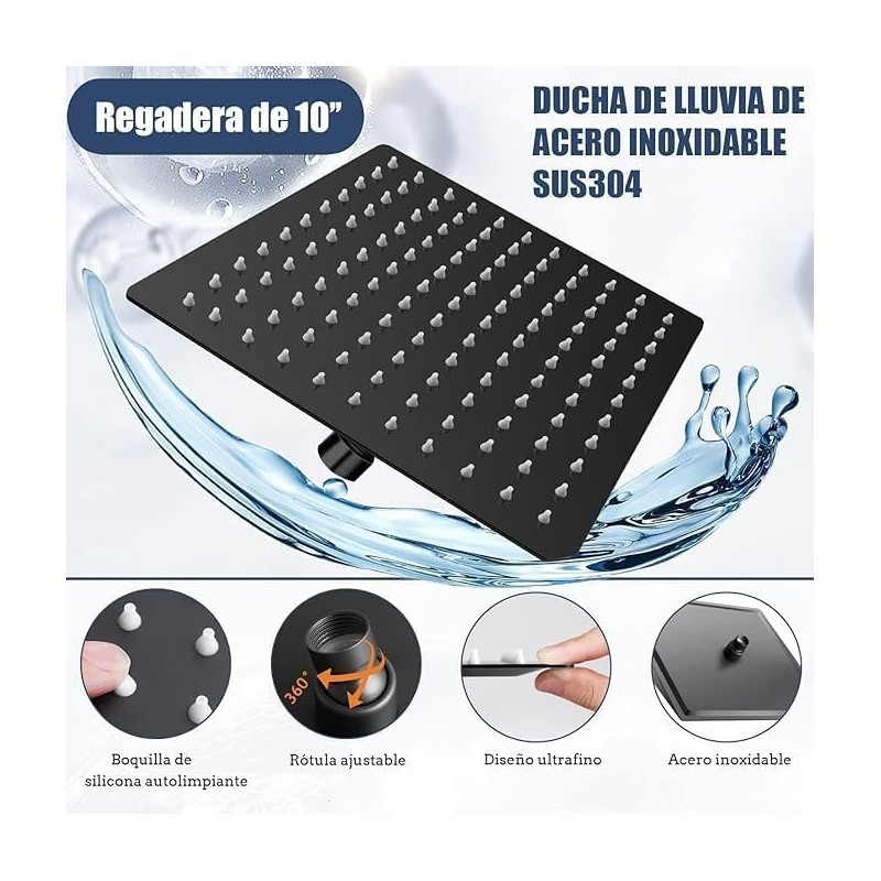 Regadera de Ducha para Baño Negro 10 Pulgadas,Combo con Cabezal