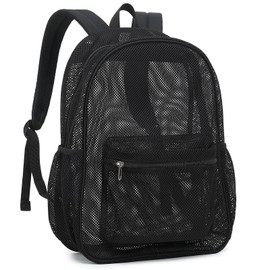 Mimfutu Mesh Backpack for School, Girls Boys See Through College Backpacks Heavy Duty Semi-Transparent Women Wen Bookbag for Swimming Travel Beach Hiking (Black)