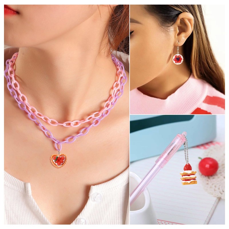 FASHEWELRY 30Pcs Resin Dessert Pendants 3D Imitation Food Charms Strawberry