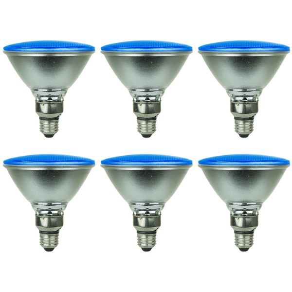 Sunlite - Blue LED PAR38 Reflector Light Bulb, 6 Watt, 120-220 Volts, Medium Base, 30,000 Hour Lamp Life, 90 Lumens, 30° Narrow Flood Beam Angle, Energy Saving, Multi-Use, Indoor/Outdoor (6 Pack)