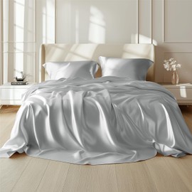 Bedsure Satin Sheets - Full Sheet Set, 4 Pcs Full Bed Sheets, Similar to Silk Sheets, Bed Sheets Full Size for Hair and Skin, Gifts for Women (Silver Grey, Full)