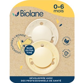 BIOLANE - Round Teat - Extra Thin Dummy - 0-6 Months - Yellow & Beige - Natural Rubber Teat - For Mouth Development - Soft and Comfortable
