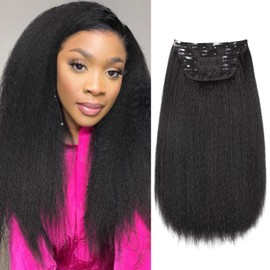 HANNE Kinky Straight Clip ins Hair Extensions Natural Black Full Head Yaki Straight Seamless Clip in Synthetic Hair Pieces for Women (Black, 14 Inch)